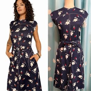 70s Vintage polyester floral blue secretary dress- S